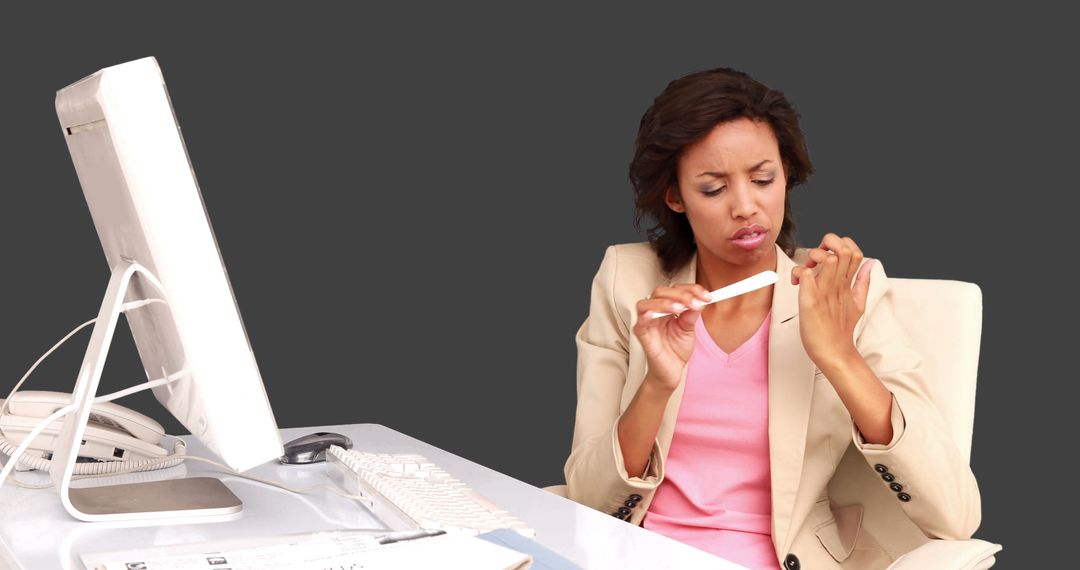 Businesswoman Filing Nails at Office Desk - Free Images, Stock Photos and Pictures on Pikwizard.com