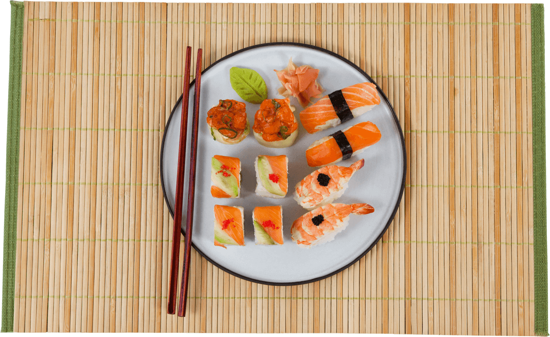 Transparent View Sushi Assortment on Bamboo Mat