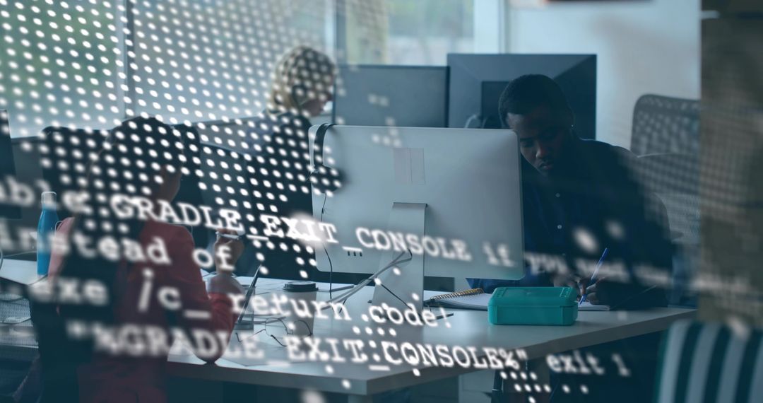 Team Collaborating in Modern Office with Code Reflections on Screens