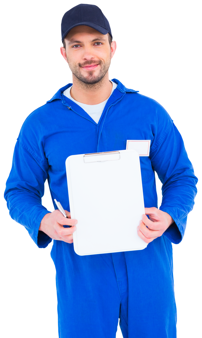 Male Mechanic Holding Transparent Clipboard in Blue Uniform - Download Free Stock Images Pikwizard.com