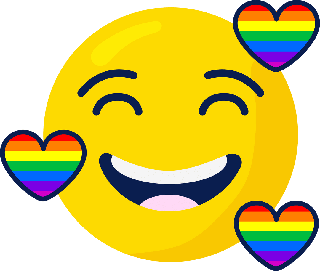 Smiling Emoji with Rainbow Hearts on Transparent Background