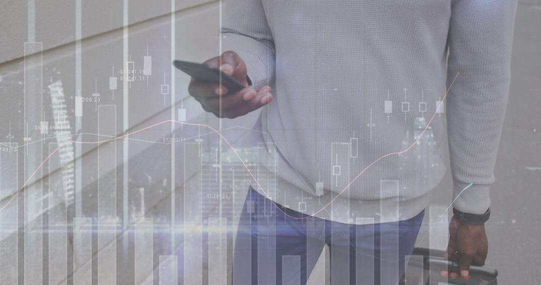 Man Analyzing Financial Data on Smartphone with Overlay Graphics