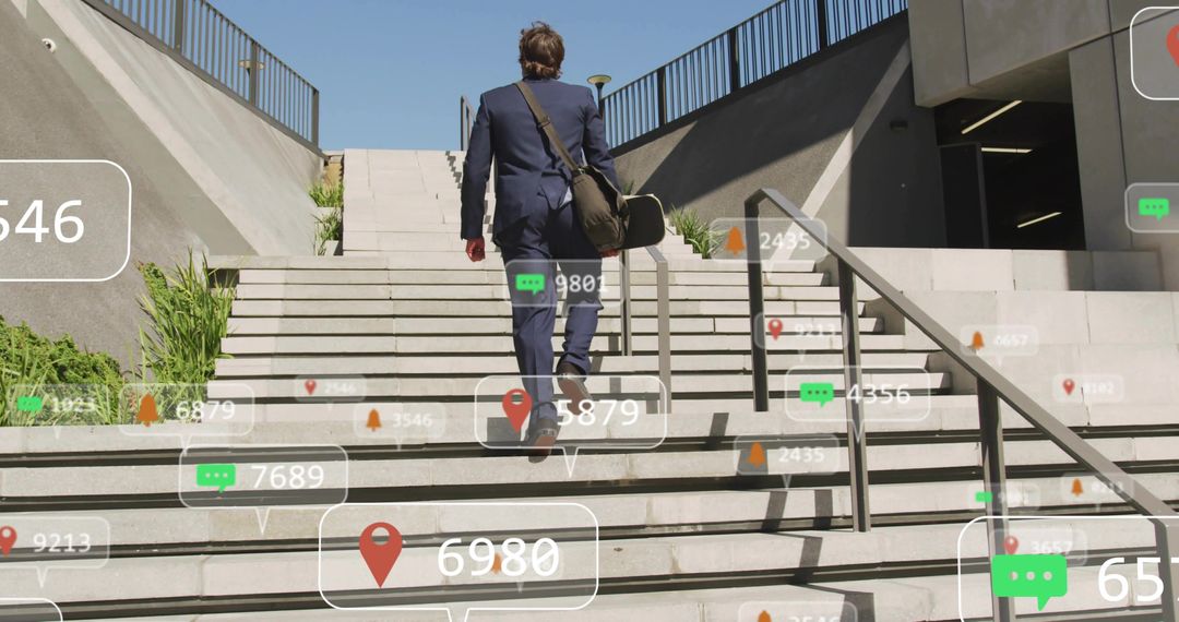 Businessman walking up urban stairs with augmented reality location and notification icons
