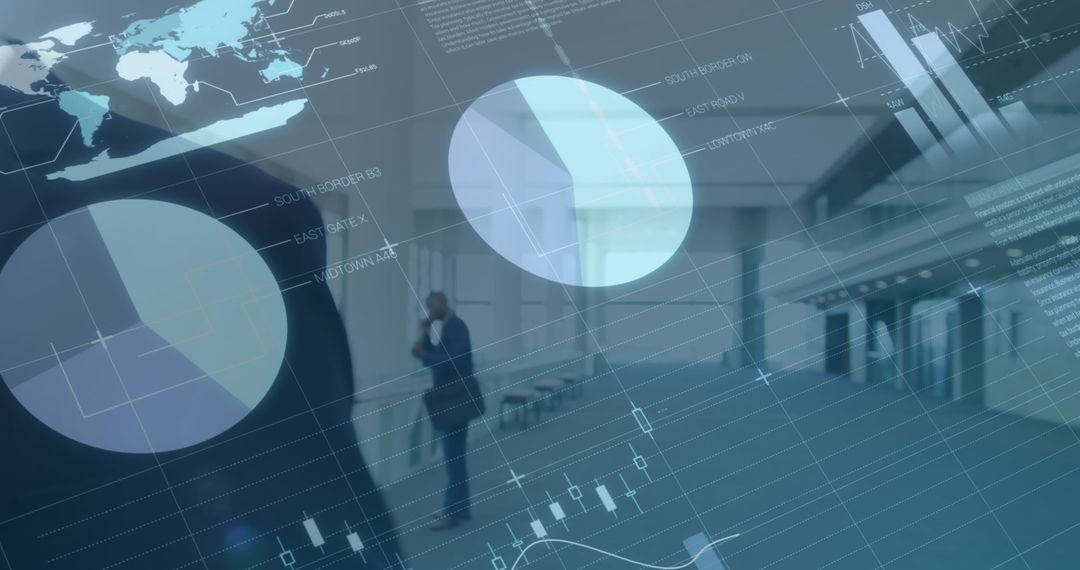 Conceptual Businessman Walking Through Financial Data Overlay