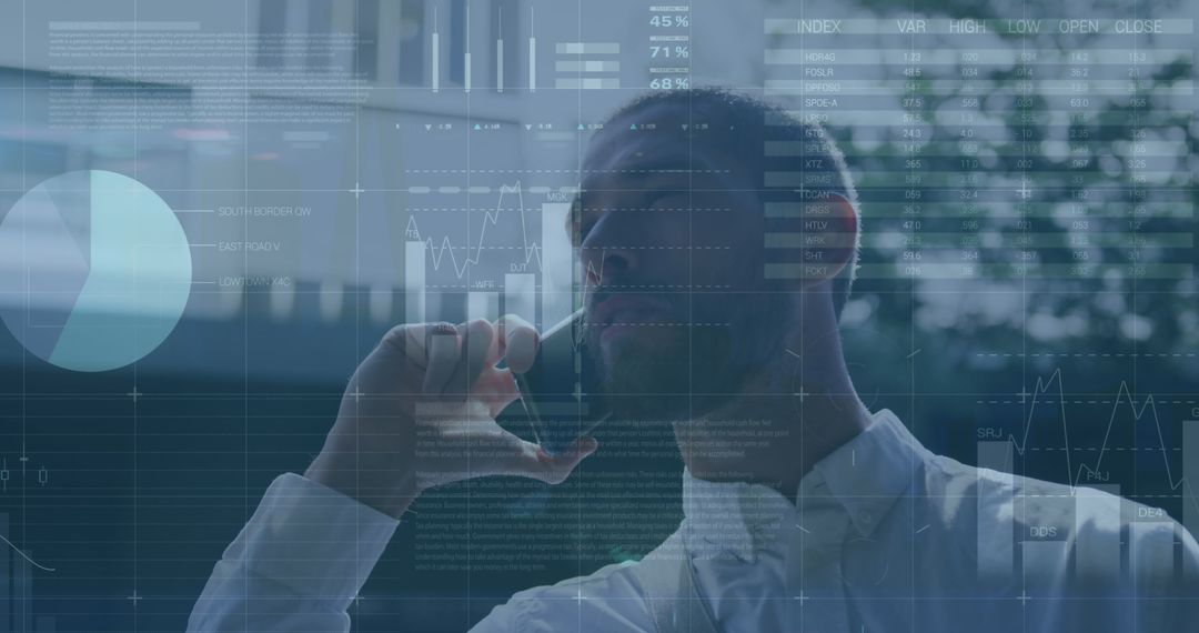 Businessman Analyzing Data on Smartphone with Digital Overlays