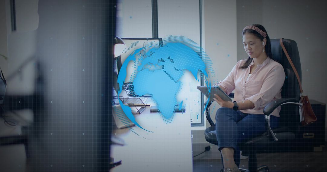 Professional Woman with Tablet in Modern Office and Digital Globe Overlay