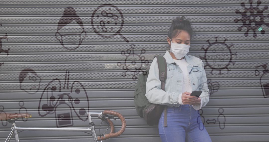 Woman in Mask Using Smartphone with Pandemic Graphics