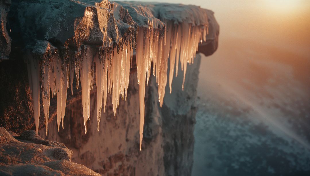Sunlit Icicles Hanging from Frosty Cliff Edge at Overlook