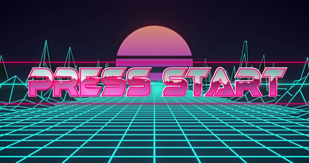 Retro Game Start Screen with Futuristic Grid and Sunset