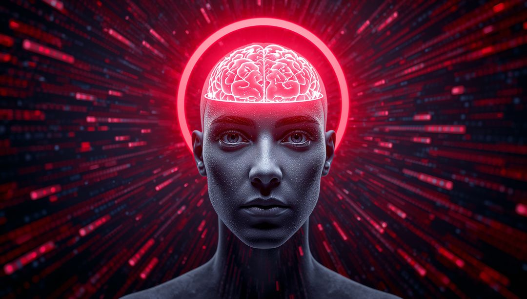Futuristic Woman with Neon Brain and Digital Data Streams