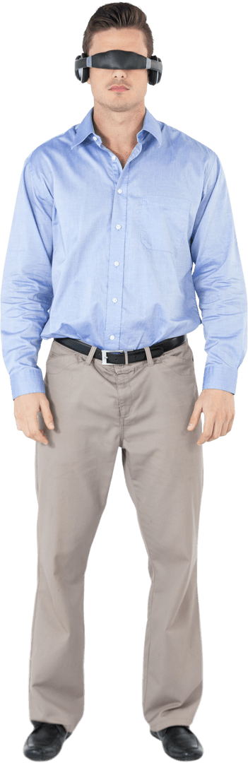 Professional Man Wearing Transparent Virtual Reality Headset Indoors