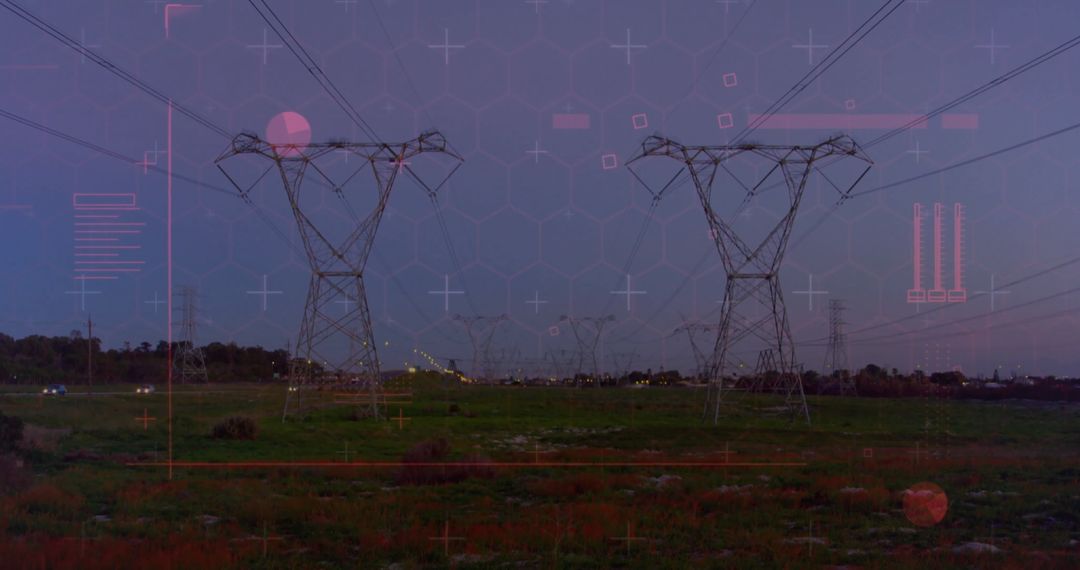 High-Voltage Towers with Cyber Technology Overlay at Dusk