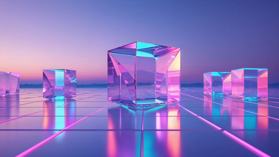 Futuristic Transparent Cubes on Neon Grid Floor at Sunset