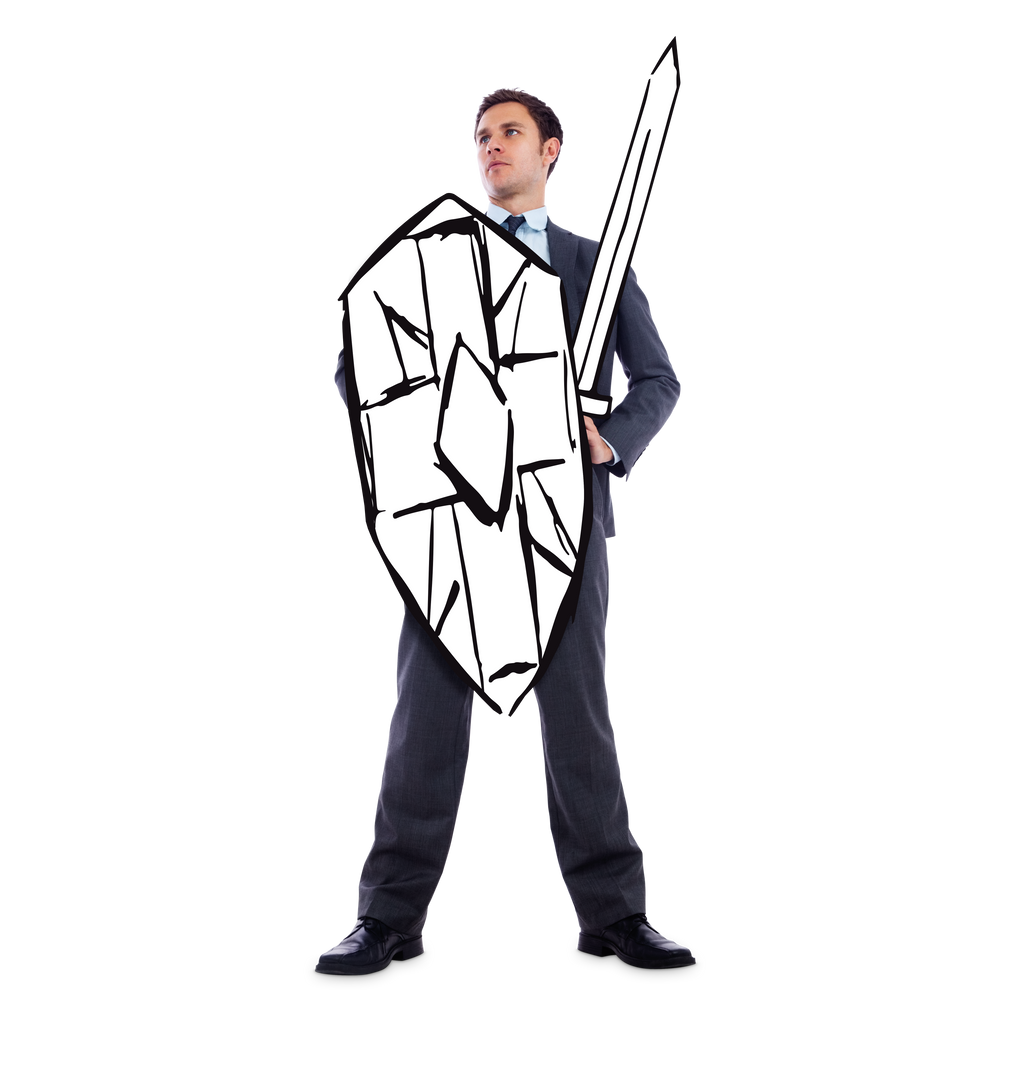 Businessman Holding Sword and Shield on Transparent Background - Battle Concept - Download Free Stock Images Pikwizard.com