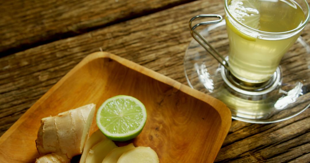 Refreshing Ginger Tea with Lime on Wooden Table - Free Images, Stock Photos and Pictures on Pikwizard.com