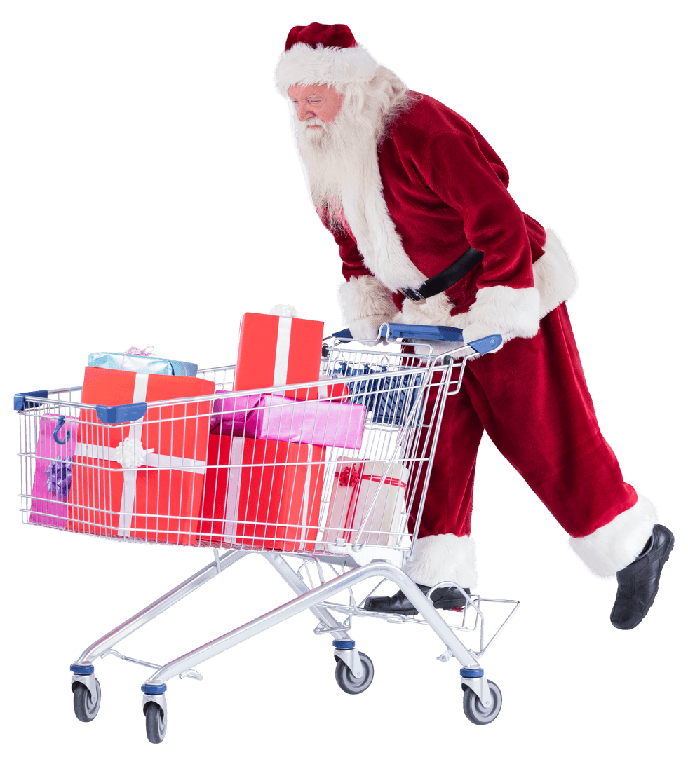 Santa Pushing Shopping Cart Loaded with Gifts on Transparent Background