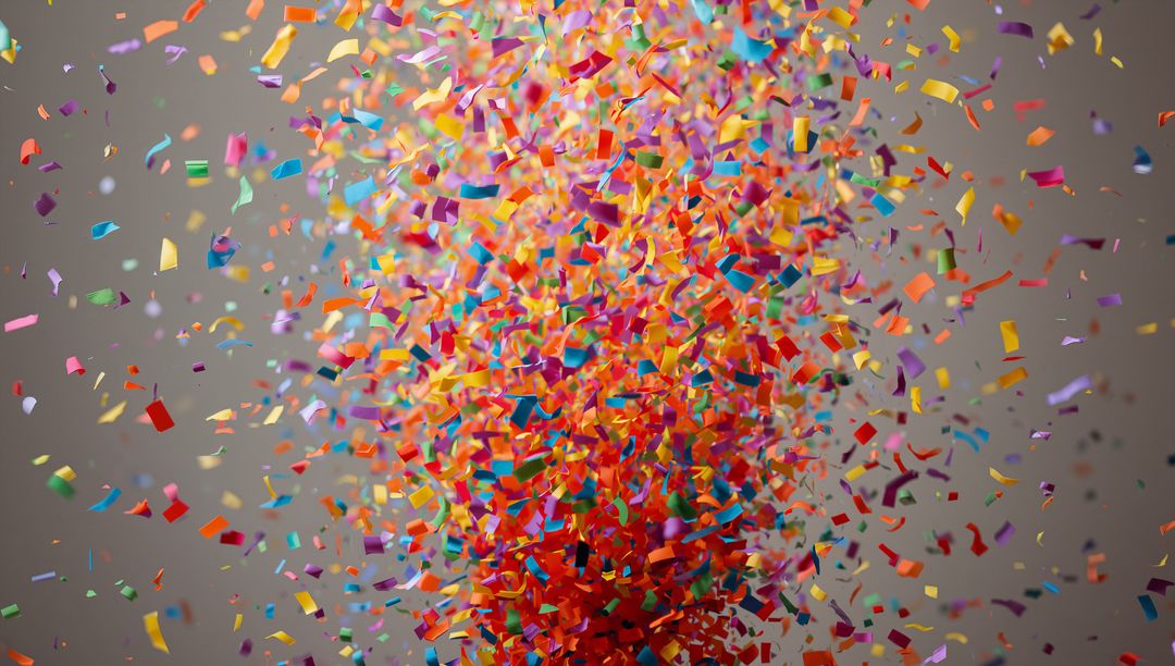 Bursting Vertical Cloud of Multicolored Confetti and Streamers