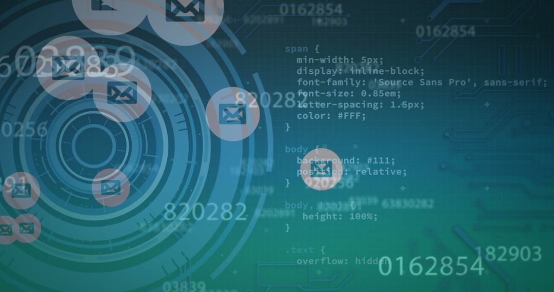 Futuristic Digital Communication with Programming Code and Message Icons