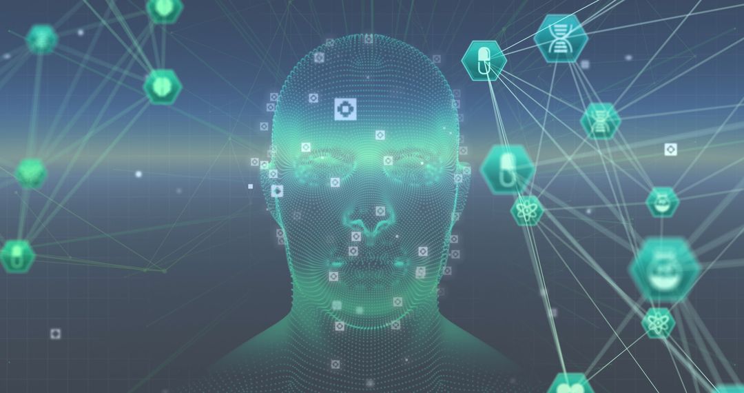 Futuristic AI Network with Digital Human Head Model