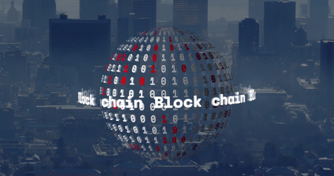 Digital Data Globe with Blockchain Concept Over Cityscape