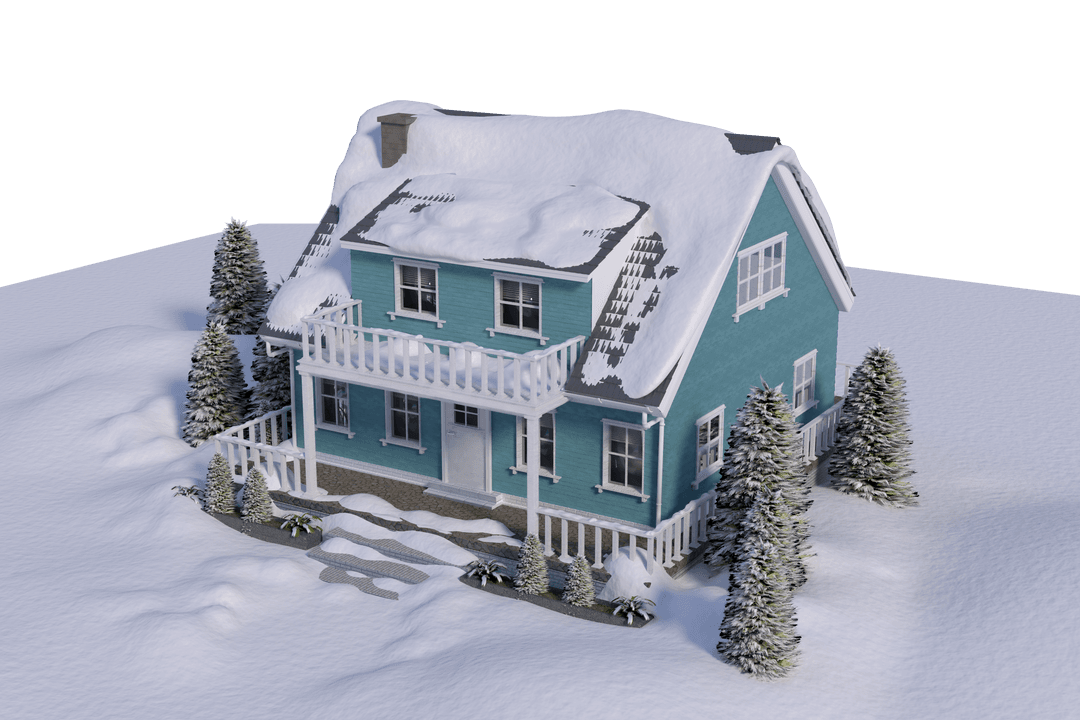 Transparent CGI of Snowy House Surrounded by Evergreens