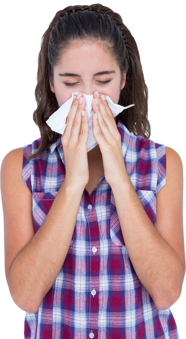 Transparent youthful woman sneezing into tissue, feeling unwell - Download Free Stock Images Pikwizard.com