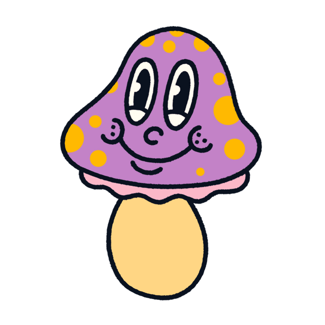 Whimsical Cartoon Mushroom with Purple Cap on Transparent Background