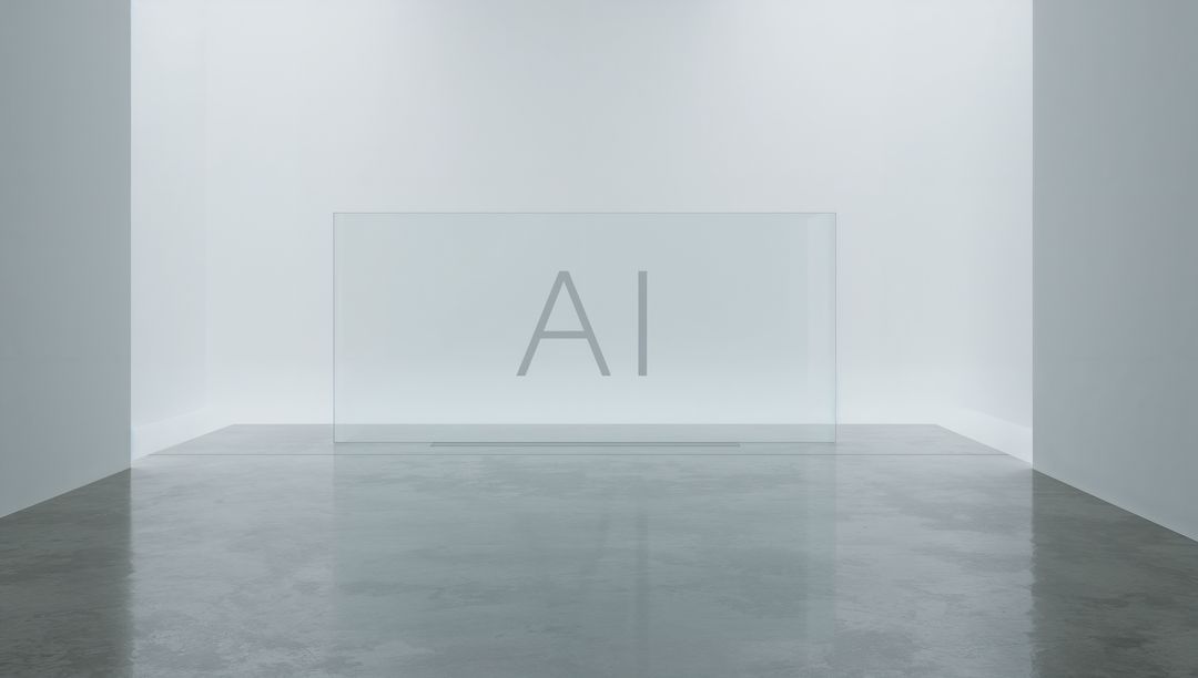 Minimalist Glass Panel Engraved with AI Letters in Gallery with Polished Concrete Floor