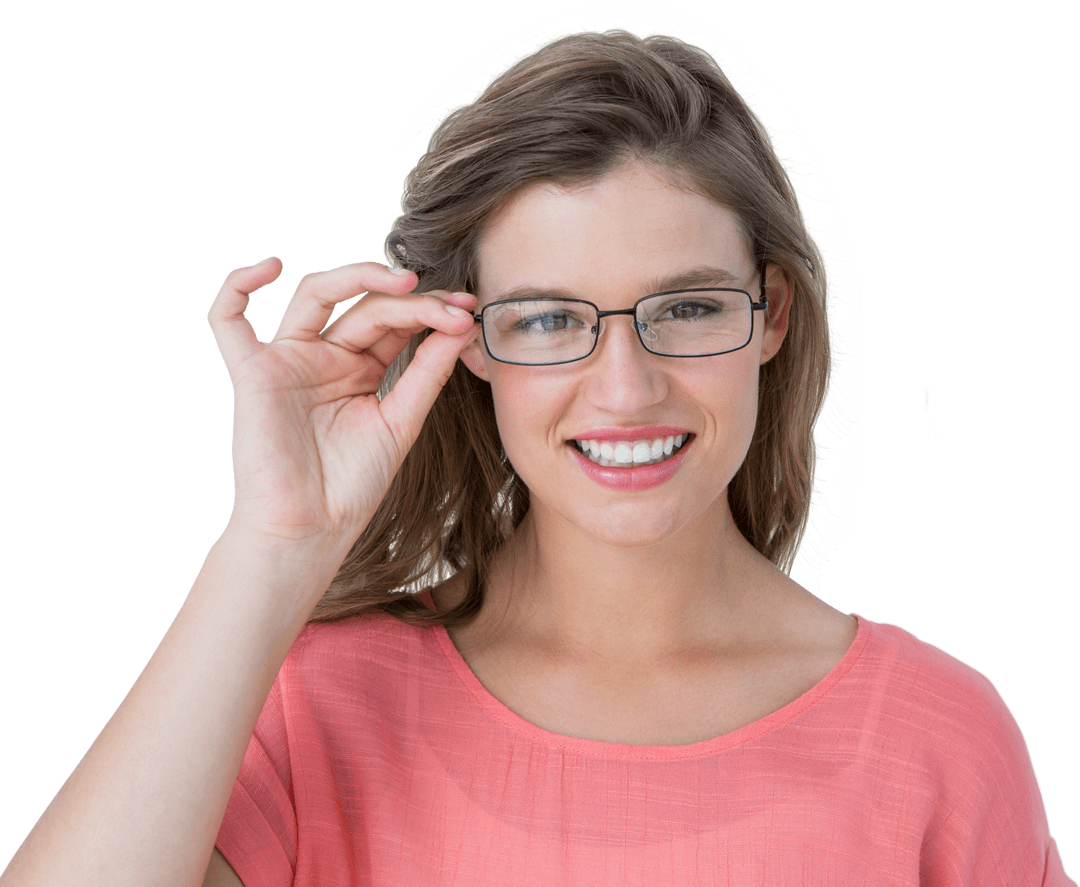 Smiling Woman Touching Eyeglasses on Transparent Background