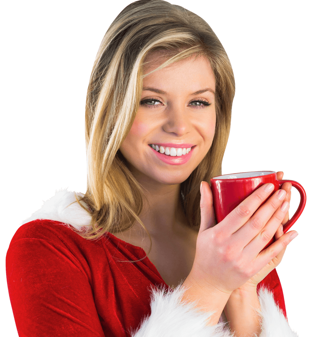Smiling Santa Girl Holding a Red Mug on Transparent Background