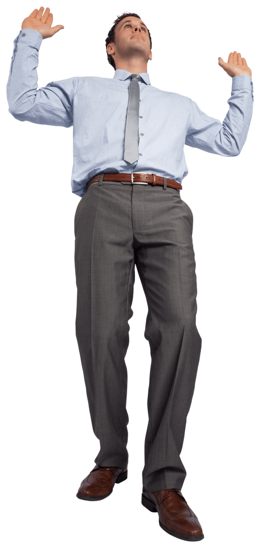 Transparent Businessman in Formal Wear Raising Hands