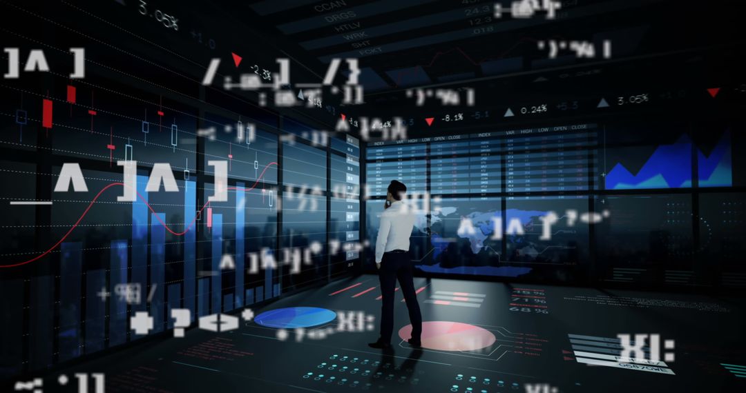 Data Analyst in Futuristic Control Room Reviewing Holographic Charts