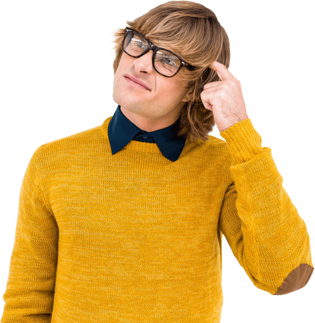 Transparent Confused Man in Yellow Sweater Thinking