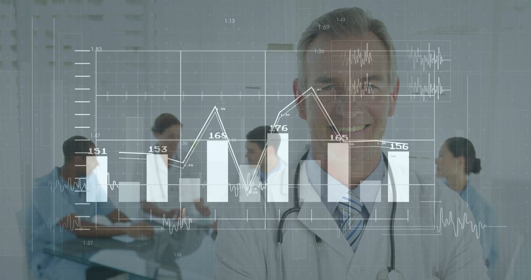 Doctor Presenting Data in Hospital Conference with Digital Chart Overlay