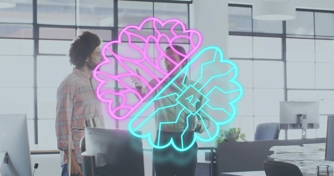 Coworkers discussing AI with neon brain overlay in bright modern office collaboration