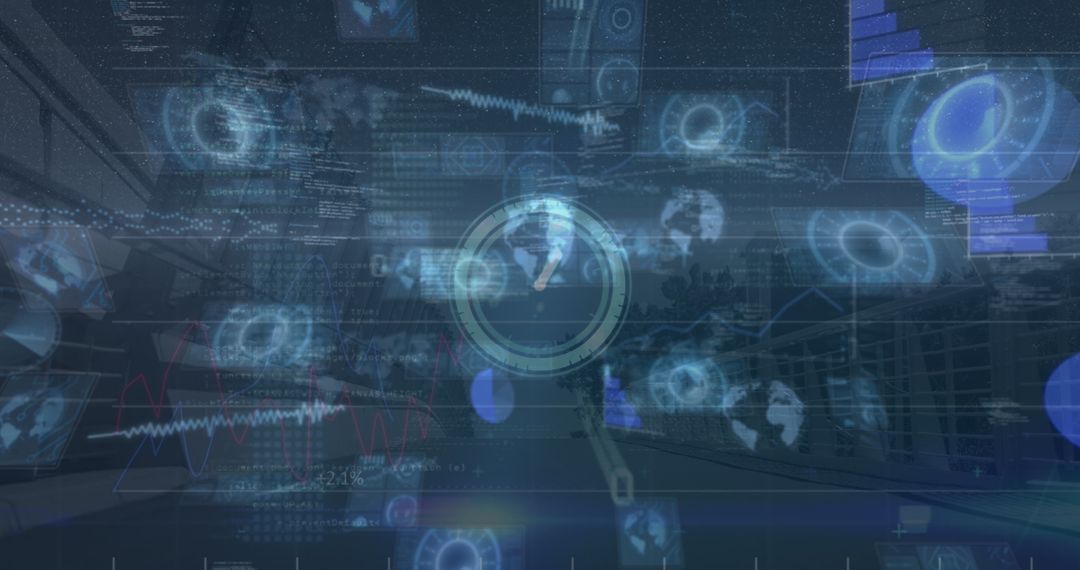 Futuristic Data Interfaces Over Cityscape with Global Networks