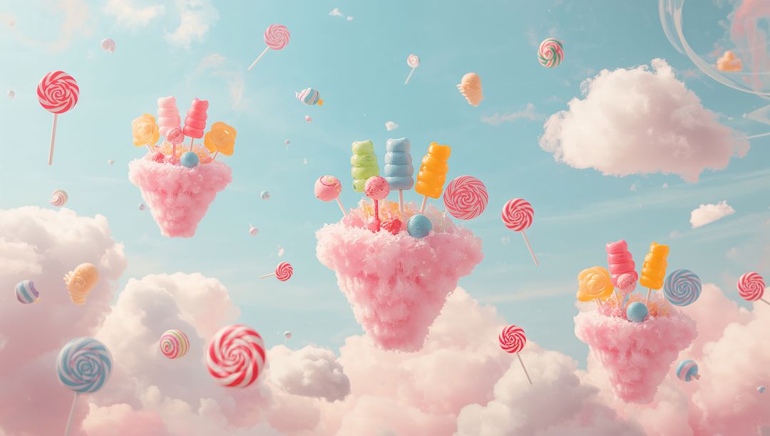 Floating Cotton Candy Islands Holding Lollipops and Marshmallow Skewers in Pastel Sky