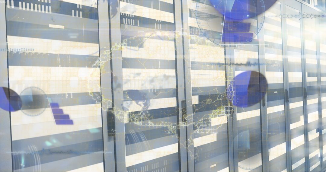 High-Tech Server Room with Digital World Map Overlay