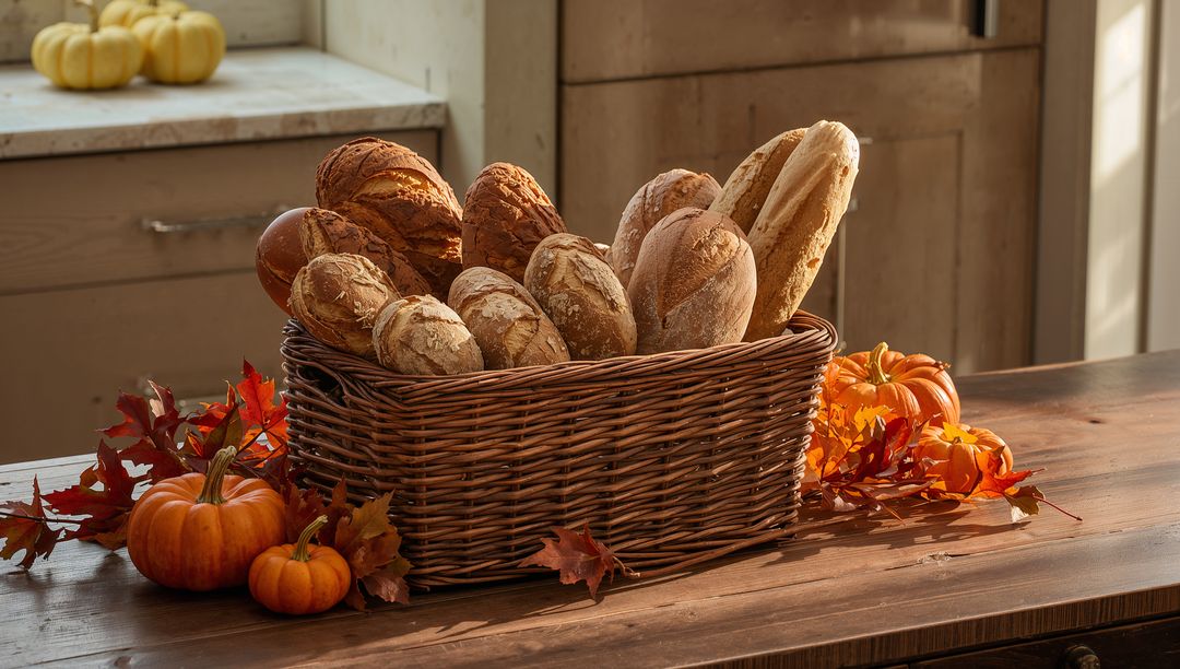 Artisan Bread in Rustic Basket with Autumn Decor