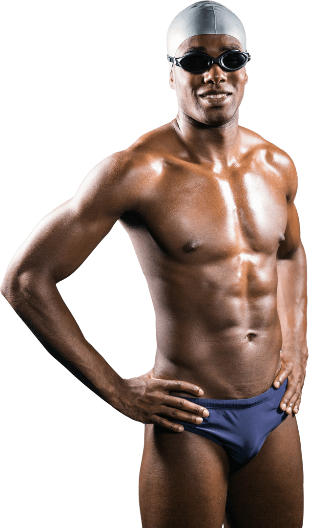 Transparent Confident Male Swimmer Posing with Hand on Hip