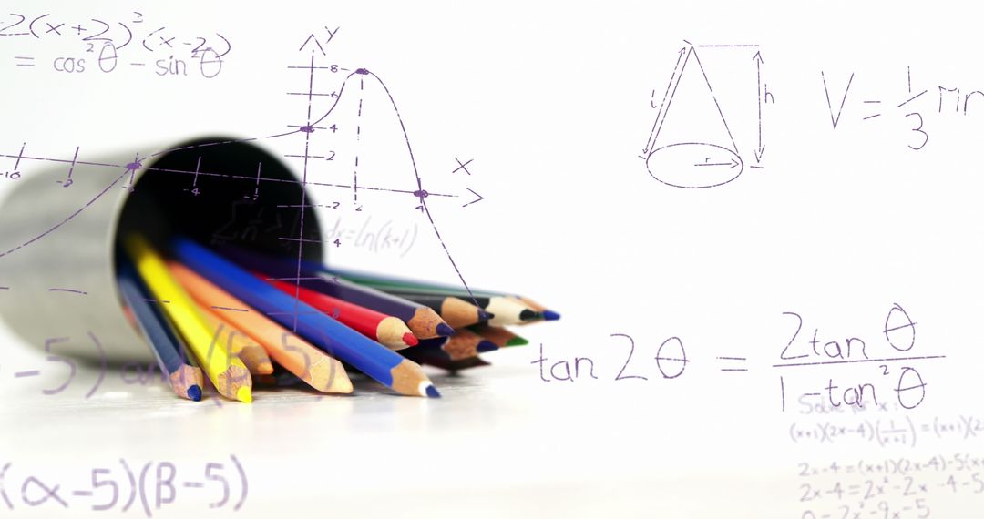 Mathematical Equations Overlapping Colorful Pencils on White Background