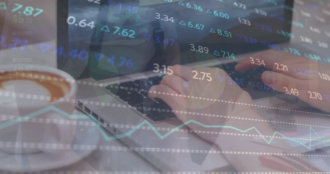 Hands Typing with Overlay of Global Financial Data
