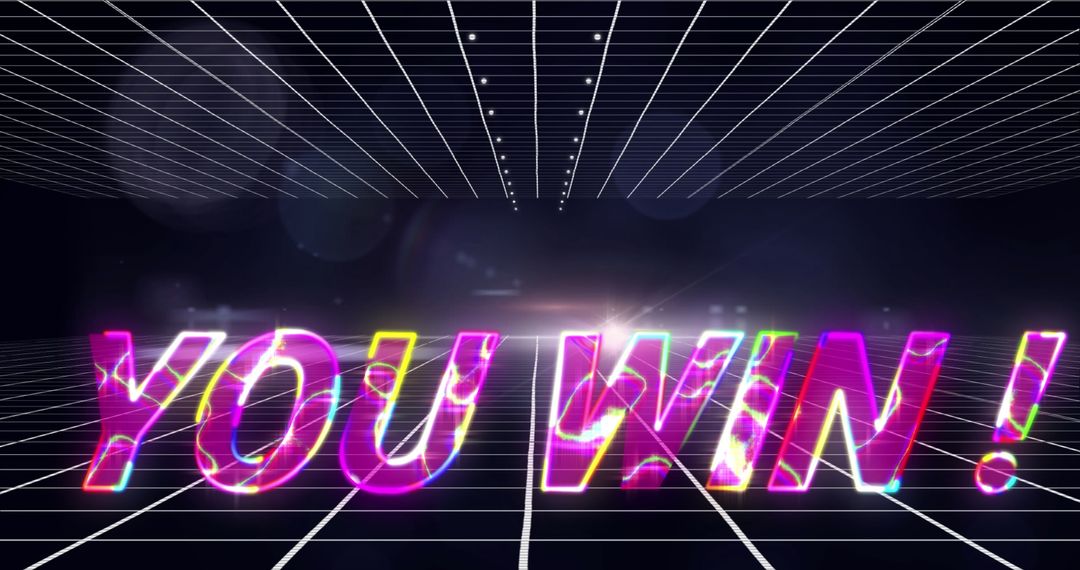 Retro futuristic 'you win' text with grid background and lens flare