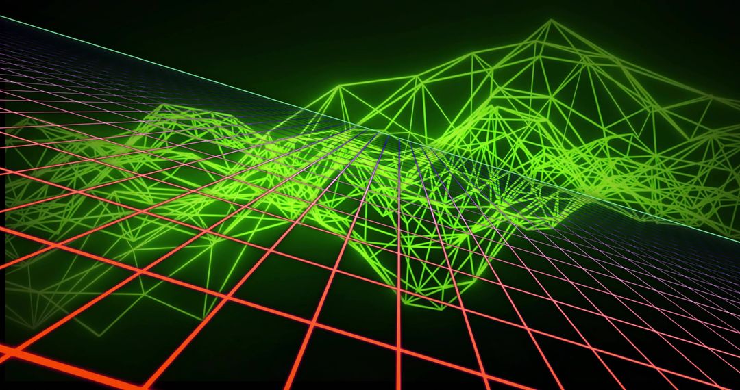 Neon Wireframe Terrain Rising Toward Vanishing Point Retrofuturistic Synthwave Grid Landscape