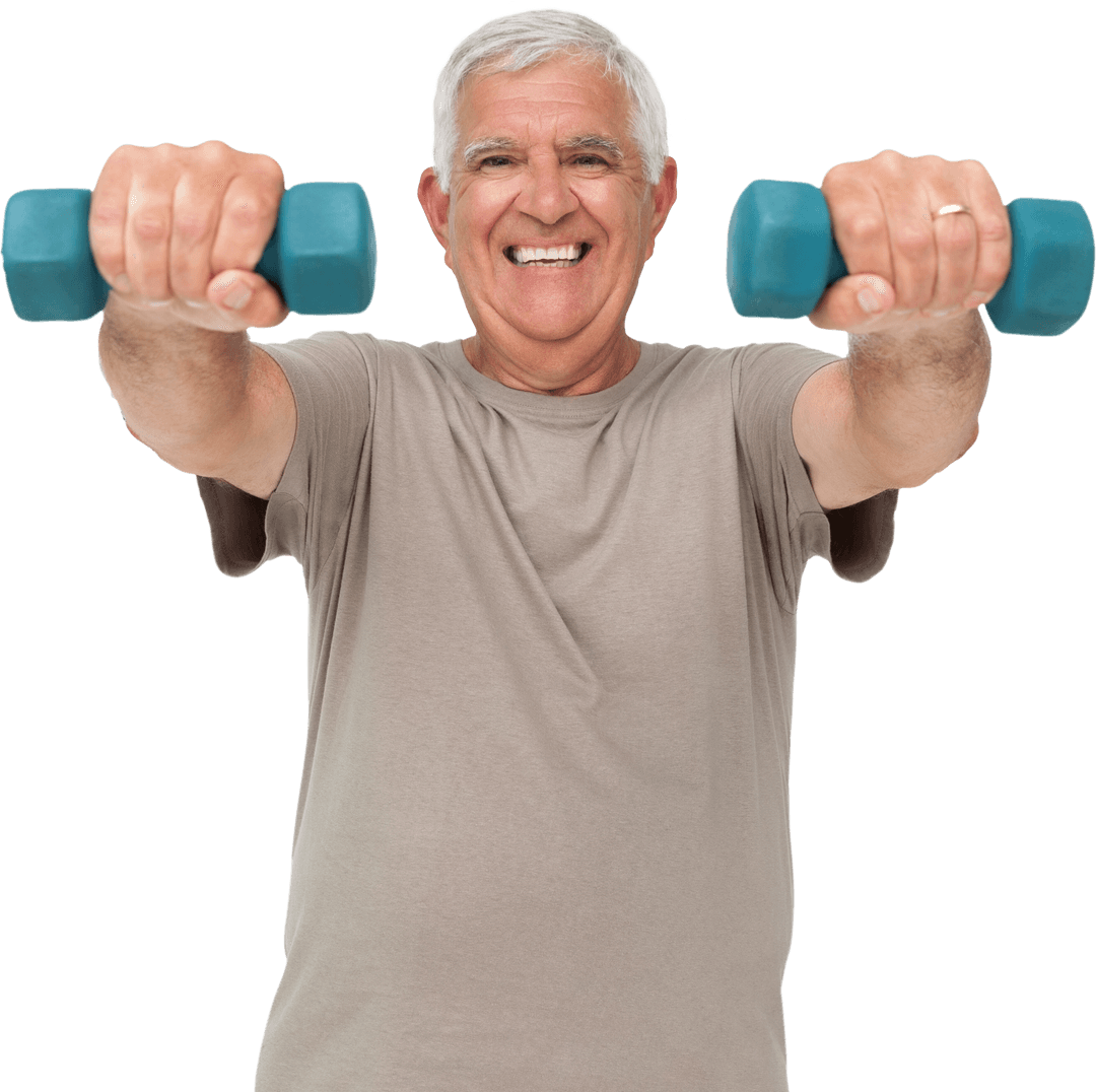 Senior Man Exercising with Dumbbells on Transparent Background
