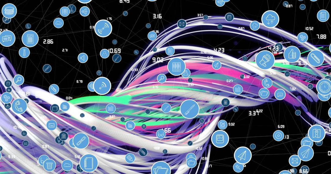 Vibrant Data Network with Streaming Ribbons and Floating Icons