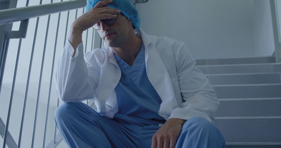 Tired Doctor Sitting on Hospital Staircase, Reflecting after Long Shift - Free Images, Stock Photos and Pictures on Pikwizard.com