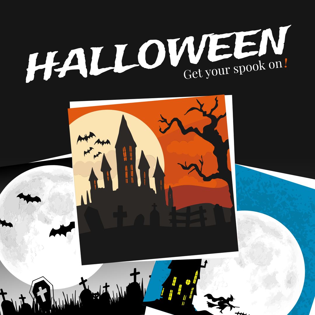 Spooky Halloween Castle with Full Moon and Cemetery Scene