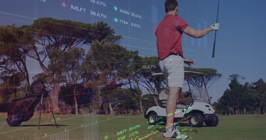 Golfer Analyzing in Fairway with Overlaid Stock Charts