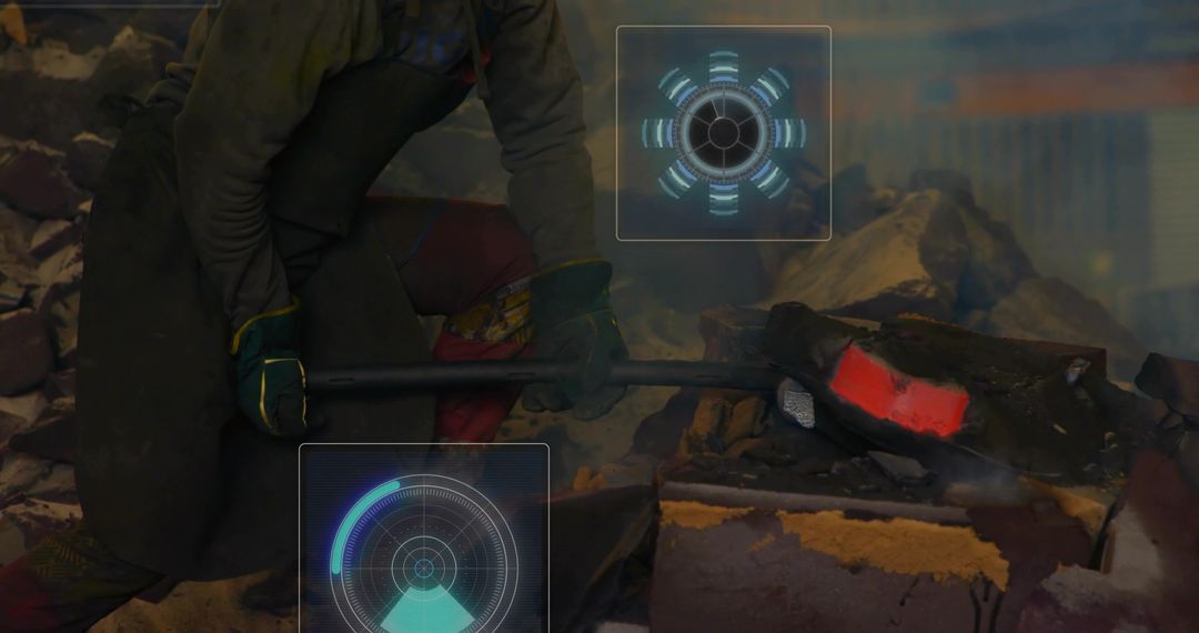 Crouching industrial worker using sledge on glowing metal in foundry with digital HUD